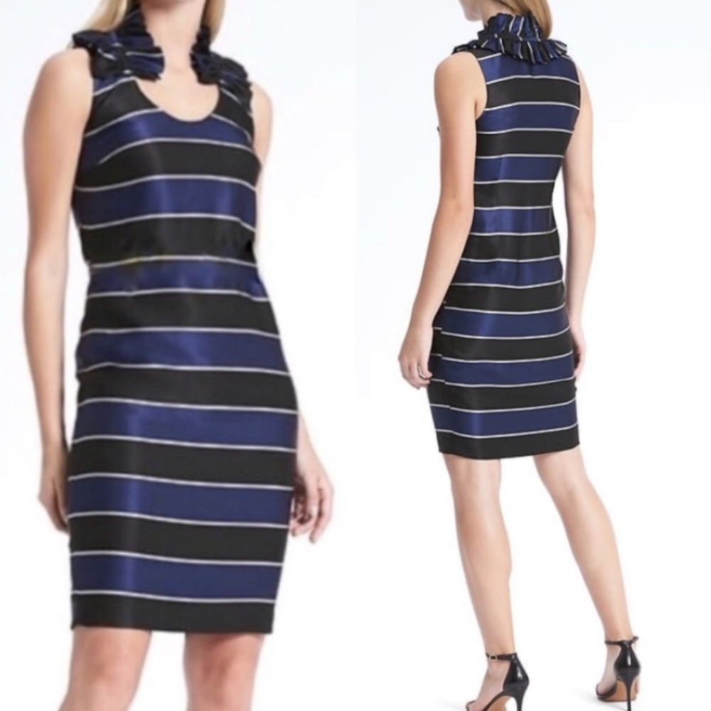 Banana Republic Navy Blue Black Stripe Ruffle Couture Collar Sheath Dress